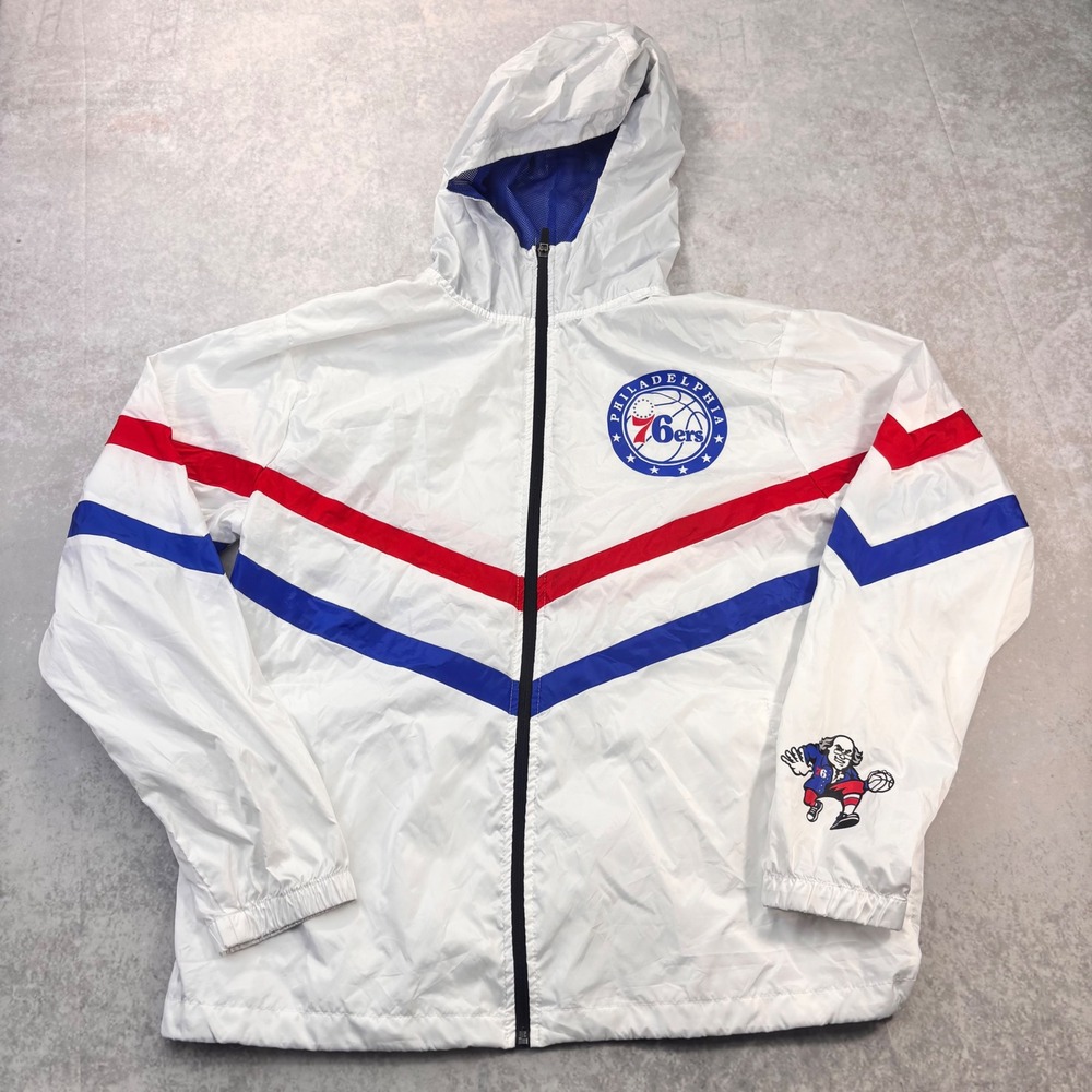 Philadelphia 76ers NBA Windbreaker Jacket White Red Blue Hooded Large